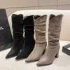 Net red pleated pile up boots women's suede thick heeled knight boots pointed brown high barrel thin and long boots 231116