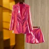 Moda gül pembe takım elbise payetler serin flaş bling bling bling blazer şort takım elbise iki parça set parti giymek Avrupa ve Amerikan tarzı kızlar takılıyor rahat blazers