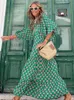 Urban Sexy Dresses Half Bubble Sleeves V-Neck Long Dress Women's Casual Loose Maxi Dress Green Geometric Printed Robe Bohemian Party Dresses T231202