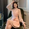 Work Dresses Runway Women Sweet Set 2023 Autumn Elegant Lace Crochet Shirt Dress Sexy V-neck Woolen Sling Two Piece Outfits