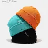 Czapki czapki/czaszki stały kolorowy dzianinowy czapka punkowa czapki hip -hopowe dla mężczyzn kobiety metalowy pierścień pin Brimless Melon C Winter Warm Crochet Bonnet Hatsl231202