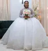 2024 African Puffy Wedding Dress O-Neck Long Sleeves Crystal Beads Appliqued Lace Women Bridal Gowns Court Train New Design Vestido De Novia