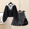 Vestidos de trabalho 2023 outono de pelúcia e grosso retalhos com capuz jaqueta plissada mini saia de duas peças elegante conjunto feminino roupas