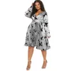 Plus size vestidos outono moda vestido estampado feminino sexy com decote em v manga longa cintura alta plissado elegante commuter