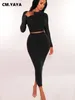 Work Dresses CM. Women Knit Ribbed Midi Maxi Skirt Suit And Long Sleeve T-shirt 2023 INS Street Matching Two 2 Piece Dress Set Outfit