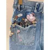 Women's Jeans European and American Heavy Industry Embroidered Flower Summer Thin Pear Shape Blue Loose Fashion Street Trousers 231201