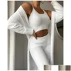 Women'S Tracksuits Womens Women 3 Piece Outfits Set Winter Y Fuzzy Fleece Long Cardigan Scoop Neck Crop Tank Top High Waist Pants Lo Dhh47