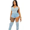 Survêtements pour femmes 2023 Summer Femmes Sexy Denim Jean 2 pièces Pantalon assorti Ensemble Tenues Y2K Biker Shorts Costumes Ensembles Papillon Cropped Tops