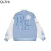 Jaquetas masculinas Vintage Bomber Varsity Jaquetas Homens Y2K Oversized Manga Longa Jaqueta Universitária Carta Bordado Baseball College Casaco Azul Tops 231202