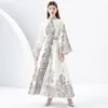 Vintage Paisley Floral Party Women Maxi Dress Flare Sleeve Vacation Stand Collar Slim Belt Loose Big Swing Designer Dresses Robe 2023 Spring Fall Runway Boho Frocks