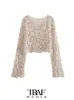 Women's Sweaters TRAF Women Fashion Cropped Semi-sheer Crochet Knit Sweater Vintage O Neck Long Sleeve Female Pullovers Chic Tops 231201