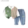 Zestawy odzieży 2023 Autumn Korean Little Boy 3pcs Zestaw ubrania haftowany kamizelka sweter