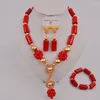 Necklace Earrings Set Fashion Red Nigerian Coral Beads African Wedding Bridal 12-G-04