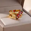 Anéis de casamento Vintage Big Red Retângulo Retângulo para mulheres Antigo Color de prata de ouro Bandas de zircão prometem jóias de anel de noivado