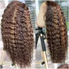 Perucas sintéticas longo cabelo brasileiro kinky encaracolado frente de renda destacada ombre marrom fl peruca resistente ao calor fibra natural para mulheres gota d dhrux