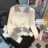 Malhas femininas primavera e outono colorido preto branco listra manga longa camisola de malha cardigan polo pescoço fino ajuste topo