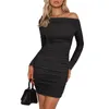 Casual jurken dames sexy off-shoulder mini-jurk lange mouw ruches bodycon y2k schattig slim fit party clubwear kort