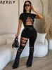 Women's Two Piece Pants Akaily Black Hollow Out 2 Sets Summer Outfits For Women 2023 Y2k Streetwear Skinny Casual Flare Suits