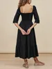 Party Dresses Summer For Women 2023 Elegant Evening Square Neck Vintage Black Half Sleeve Back Smocked Ruffle Hem Midi