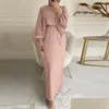 Abbigliamento etnico Abito musulmano Donna Abayat Kaftan Abiti lunghi con lacci solidi Robe Femme Musmane Hijab Abaya Ramadan Islamico 2Xl Drop De Dhs1T