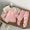 Clothing Sets Two Pieces Casual Autumn Baby Girls Streetwears Pink Apricot Flying Sleeves Knitted Sweaters Undershirts Slim Fit Pants