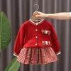 衣類セット秋のキッズクリスマス服jkスカートショート2 pcs赤いセーター服女の子編み2-7yクリスマス子供ドレスかバニー231202