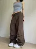 Damesbroeken QWEEK Y2K Vintage Beige Parachute Dames Trekkoord Koreaanse stijl Bruine cargobroek Oversized retro streetwear joggingbroek