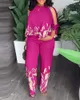 Plants Print Clothes For Piece Sets Women Outfit Summer Elegant Sleeve O Neck Polyester Top Straight Pants