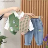 Conjuntos de ropa 2023 otoño coreano niño pequeño 3 piezas conjunto de ropa bordado suéter chaleco carta camisa de manga larga jeans infantil bebé niño trajel231202
