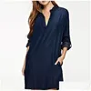 Grundlegende Freizeitkleider Denim-Kleid für Frauen 2022 Herbst Blau V-Ausschnitt Langarm Mini Plus Size Washed Shirt Vestidos Drop Lieferung Appa Dhzac