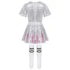 Cheerleading Kids Cheerleader Dancewear Shiny Sequins Crop Tops with Skirt Socks Outfit Girls Stage Performance Hip Hop Jazz Dance Costume 231201