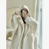 Manteau à capuche blanc en fausse fourrure pour femme, épais et chaud, ours en peluche, mi-long, manches longues, vêtements d'extérieur, hiver 2023, 231201