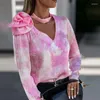 Kvinnors blusar Elegant V Neck Long Sleeve Tops Pullover Autumn Spring Tie Dye Shirt Blue Women Casual Pink Peend High Street Mujer