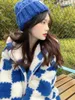 Hoodies femininos azul xadrez xadrez sweatshirts feminino velo solto casual bonito meninas todos os jogos outono inverno outwear casacos de estudante