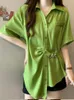 Women's Blouses TPJB Asymmetric Single Breasted Green Shirt For Women Fashion Short Sleeve Bandage Metal Buckle Big Size Blouse Summer