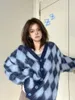 Kadın Örgü Mink Cashmere Kontrast Renk Ekose Kadın Sweaters Uzun Kollu Japon Vintage Kalın Hardigan Büyük Boy Örgü Katlar Y2K