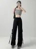 Pantalon Femme Américain Rétro Grande Poche Cargo Femmes Casual Hip Hop Pantalon Large Femme 2023 Y2k Cordon Rose Streetwear Noir