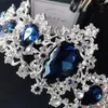 Halskette Ohrringe Set Barock Luxus Versilbert Blau Kristall Braut Ohrring Tiara Krone Hochzeit Afrikanische Perlen Schmuck