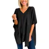 Kvinnors tröjor Solid Color Pullover V Neck tröja Rand Knit Fashion Poncho Cape Loose Bubble Hylsa