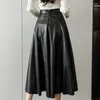 Röcke Vintage Pu Midi Rock Frauen Herbst Winter Hohe Taille A-line Lange Weibliche Koreanische Mode Faux Leder Schwarz Faldas Mujer