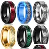 Anelli a fascia 8 colori 8 mm Anello da uomo in acciaio inossidabile con drago intarsiato Rosso Verde Nero Gioielli da sposa in fibra di carbonio Taglia 6-13 Consegna a goccia Dhlxq