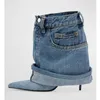 2023 dames dames lederen hoge hakken plundering knop cowboylaarzen bruiloft denim jeans jurk gladiator casual de catwalk zakken vouw schoenen maat 34-43