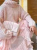 Женские свитера Элегантный розовый вязаный свитер с воротником для женщин Свободные рукава-фонарики Плиссированные трикотажные топы 2023 Женская теплая уличная одежда 231202