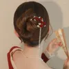 Hårklipp Röd Rose Tassel Hairpin U-formade barns forntida kinesiska stil Brudtoast klänning Hårkläder Tillbehör för kvinnor