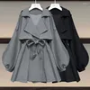 Calças femininas de duas peças grande conjunto de outono 2023 fino coreano blusão casaco ajuste cintura apertada moda