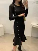 Casual klänningar vintage svart stickad fiskstjärna wrap kvinnor lång ärm elegant knapp varm sjöjungfru tröja bodycon midi klänning kvinnlig vinter