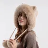 Chapeaux à large bord chapeaux de seau mignon chat oreille fourrure chapeaux femmes russe Ushanka trappeur neige ski chapeau casquettes oreillette hiver fourrure de raton laveur Bomber chapeau 231202