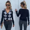 حياكة نسائية ضئيلة النساء غير الرسمي طويل الأكمام رقيقة من الماس منقوشة v-neck botton cardigan cardigan knit coat street street lady all-match