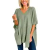 Women's Sweaters Solid Color Pullover V Neck Sweater Stripe Knit Fashion Poncho Cape Loose Bubble Sleeve