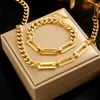 2023 New Simple Hollow 18k Gold Plated Stainless Steel Cuban Link Chain Necklace and Bracelet Jewelry Set For Women